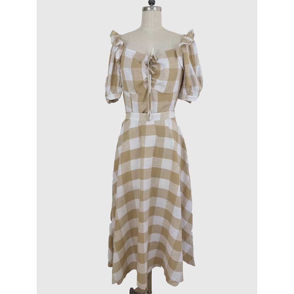 Who What Wear 2-Piece Linen Blend Set Plaid‎ Beige Top & Midi A-Line Small (4)